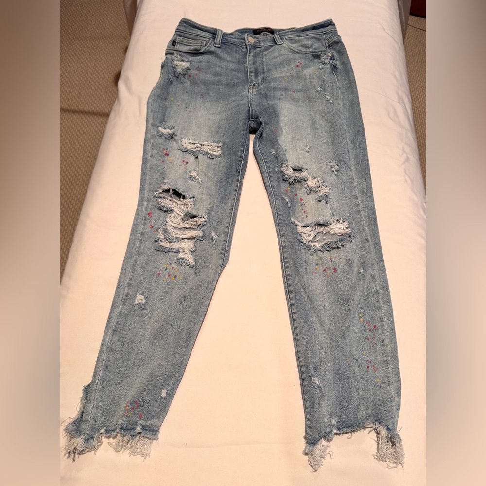 Judy Blue Paint Splatter Distressed Boyfriend Jeans, Size 11/30